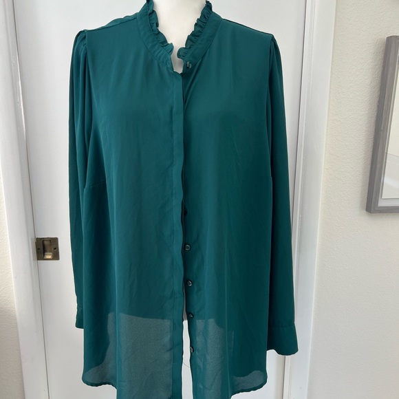Torrid Women Green Chiffon Polyester Ruffle Collar Long Sleeve Blouse - Picture 5 of 7